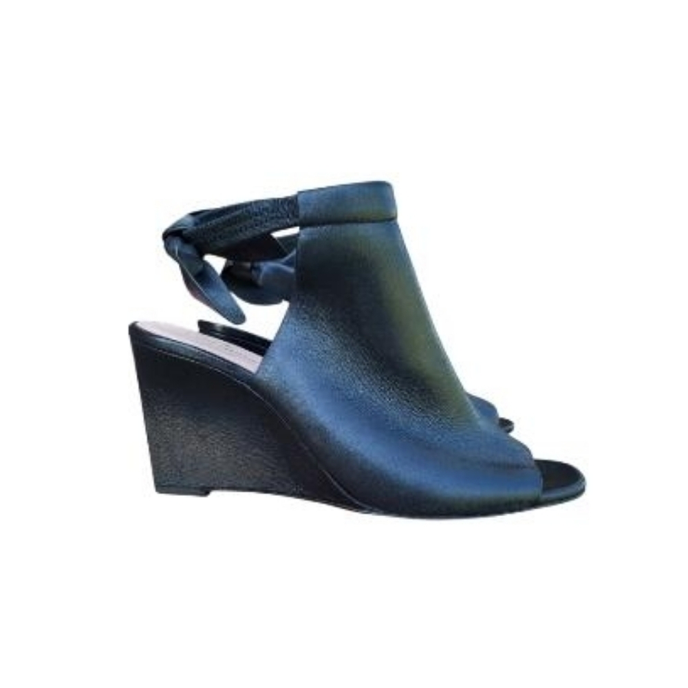 Kate Spade Bow Leather Open Peep Toe High Heel Wedge Dress Sandal Black Women 10